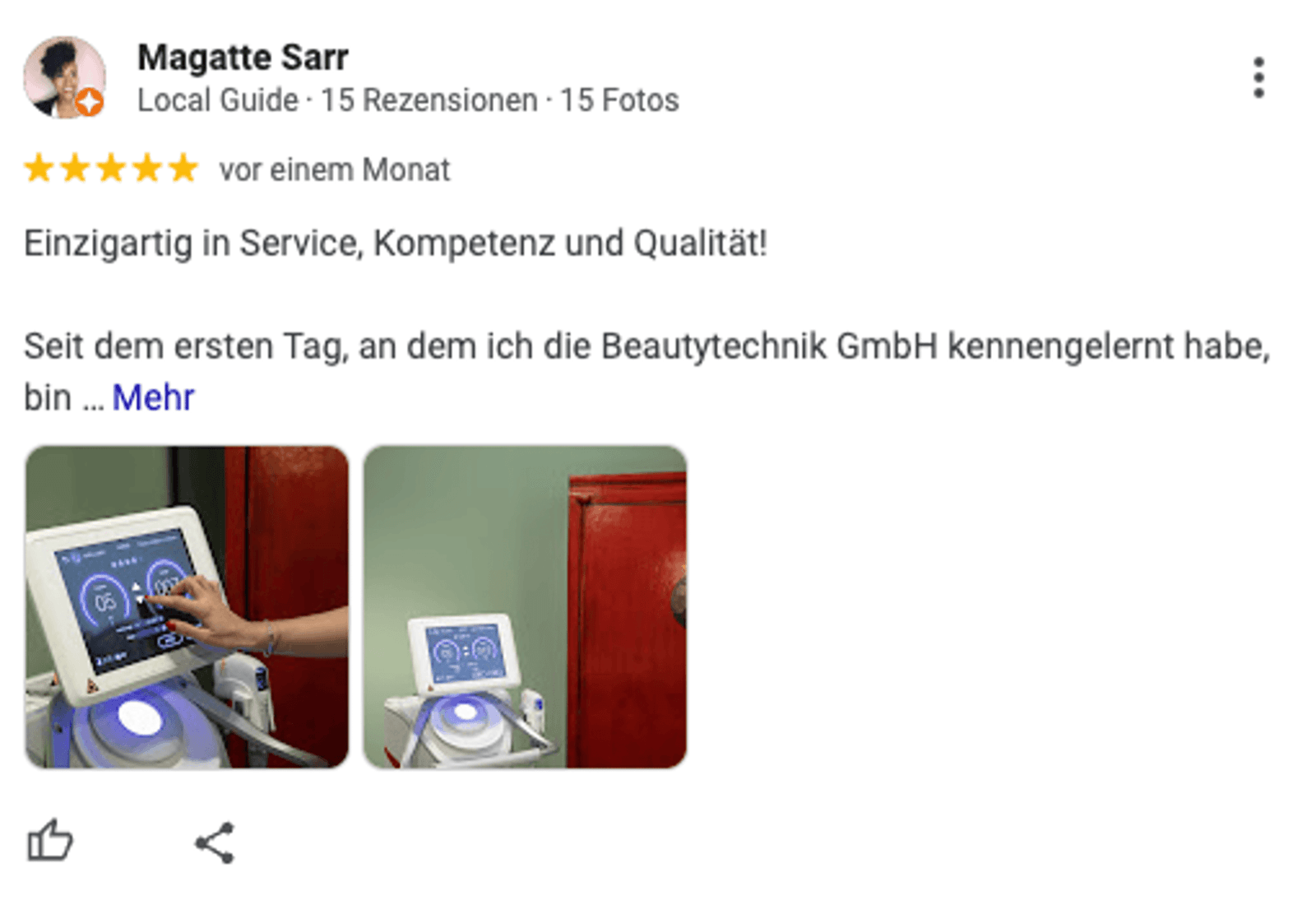 Google-Bewertung von Magatte Sarr: Einzigartig in Service, Kompetenz und Qualität.