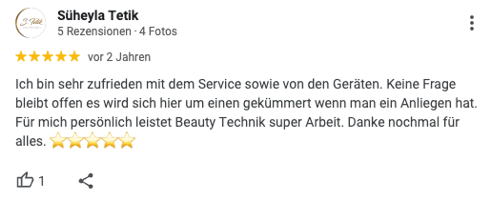 Google-Bewertung von Süheyla Tetik über Service und Geräte.