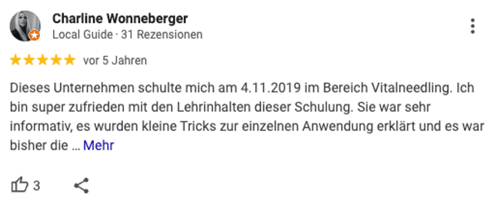 Google-Bewertung von Charline Wonneberger mit fünf Sternen.