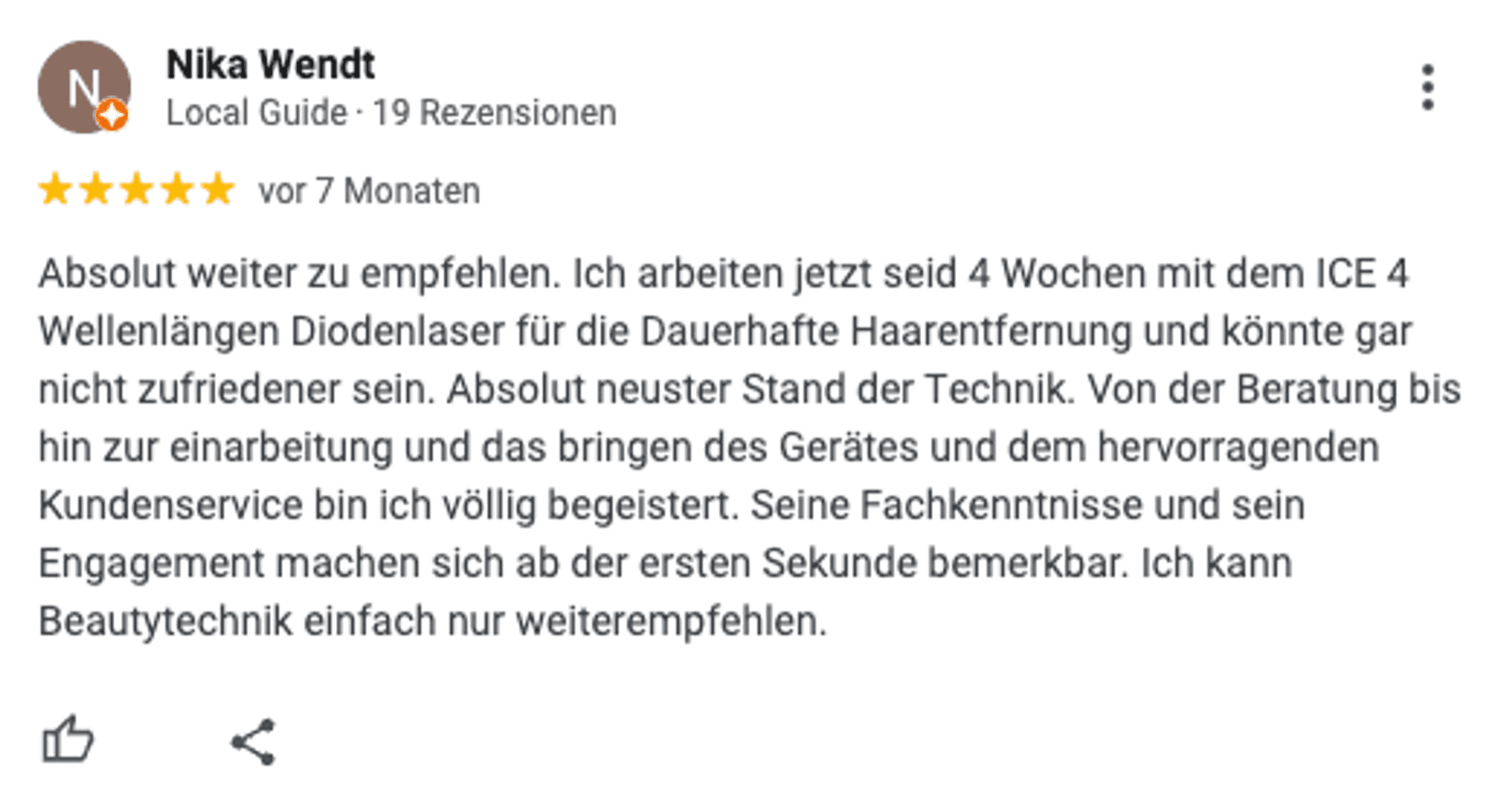 Google-Bewertung von Nika Wendt über den ICE 4-Wellenlängen-Diodenlaser.