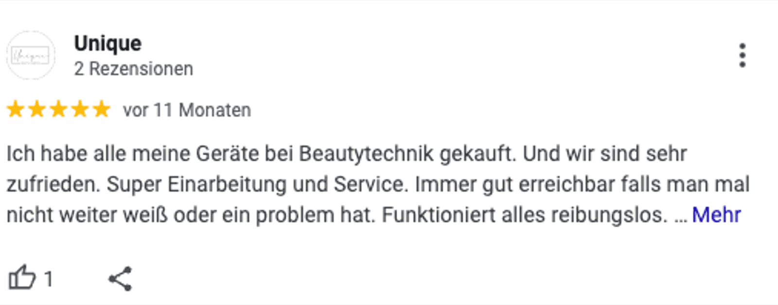 Kundenrezension von Unique über Einarbeitung und Service.